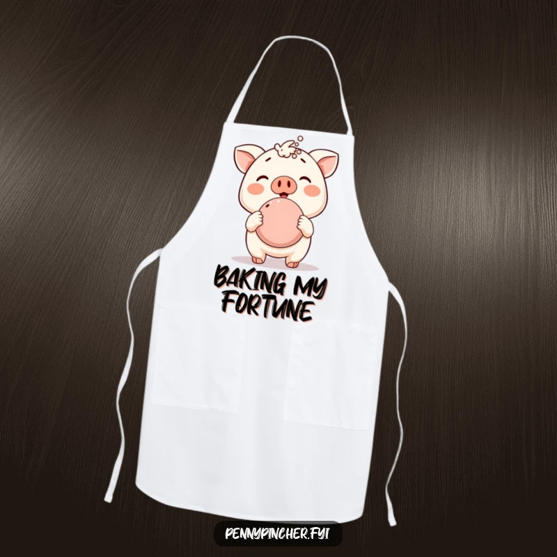 Funny apron, animal character proudly displaying an overflowing piggy bank while cooking, combining kitchen practicality with humorous financial themes.