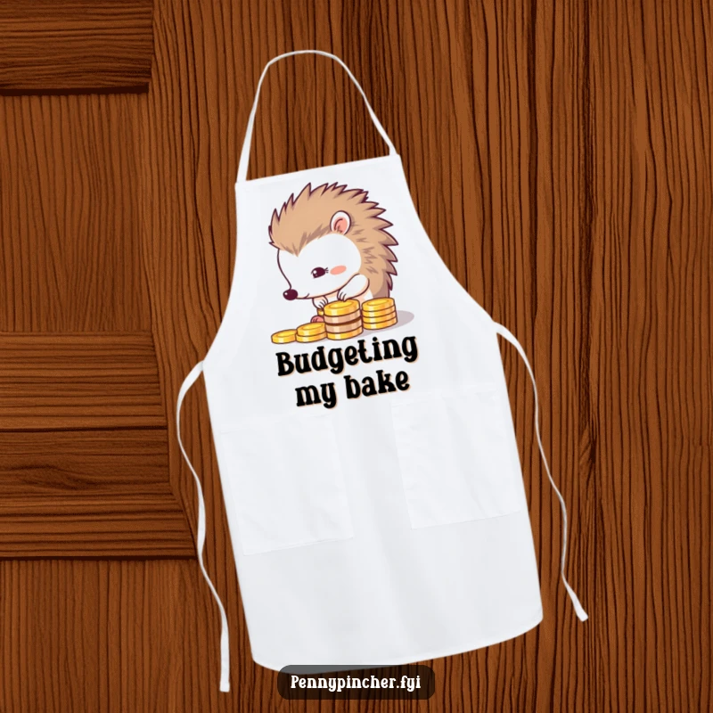 Funny apron showing a thrifty hedgehog meticulously lining up shiny coins, perfect for a humorously organized kitchen.