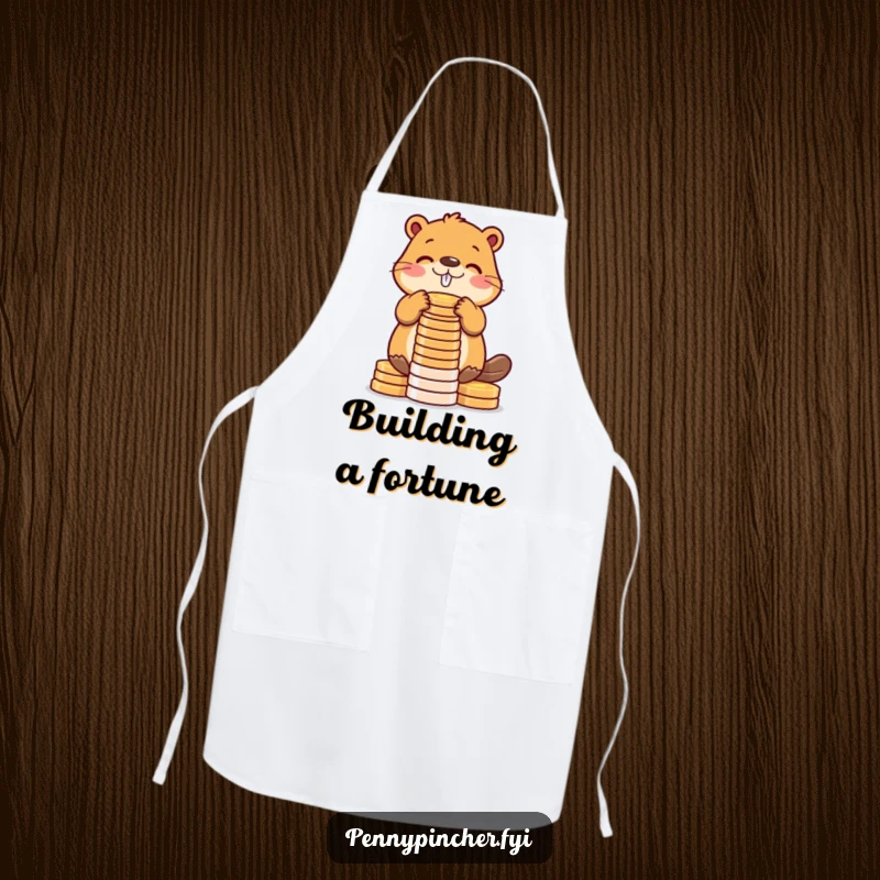 Funny beaver apron showing a diligent beaver meticulously stacking shiny coins into a tower, perfect for kitchen endeavors with humor.