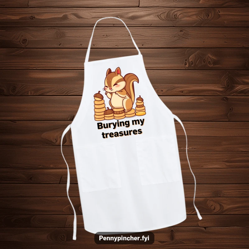 Funny chipmunk character apron, diligently stacking acorns into coin shapes, a humorous and practical accessory for the organized cook.