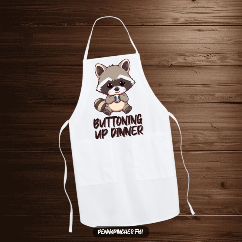 Funny raccoon apron, a mischievous character examining a shiny button, humorous kitchen wear for cooking enthusiasts.
