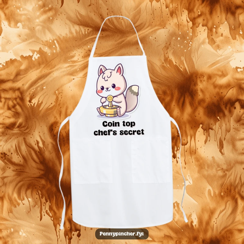 Funny spinning animal apron, gleefully spinning a coin like a top while preparing food, a humorous kitchen accessory.