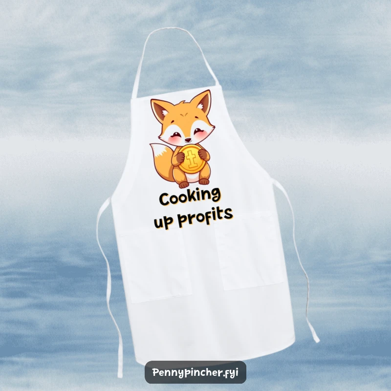 Funny apron featuring a proud fox character polishing a shiny gold coin, ready for a kitchen adventure.