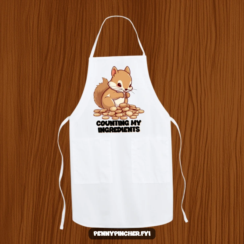 Funny Apron showcasing a determined squirrel meticulously counting shiny pennies while cooking.
