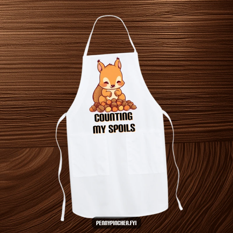 Funny apron showing a squirrel character meticulously counting a small pile of acorns, in a kitchen setting.