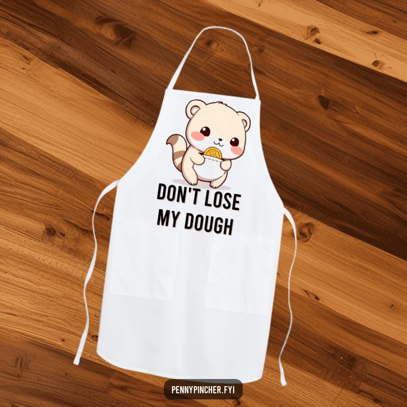 Funny Apron showing a happy, relieved animal character looking overjoyed, having discovered a coin in its pocket while cooking, ideal for kitchen humor.