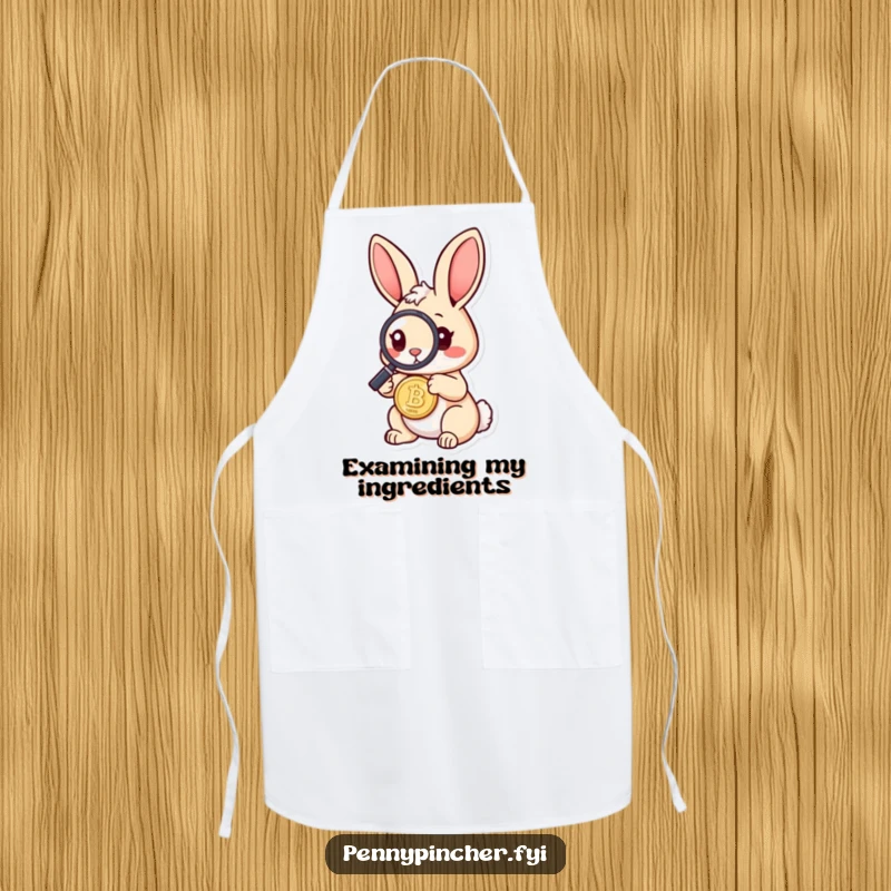 Funny rabbit apron showing a curious rabbit meticulously inspecting a coin with a magnifying glass, perfect for kitchen endeavors with humor.