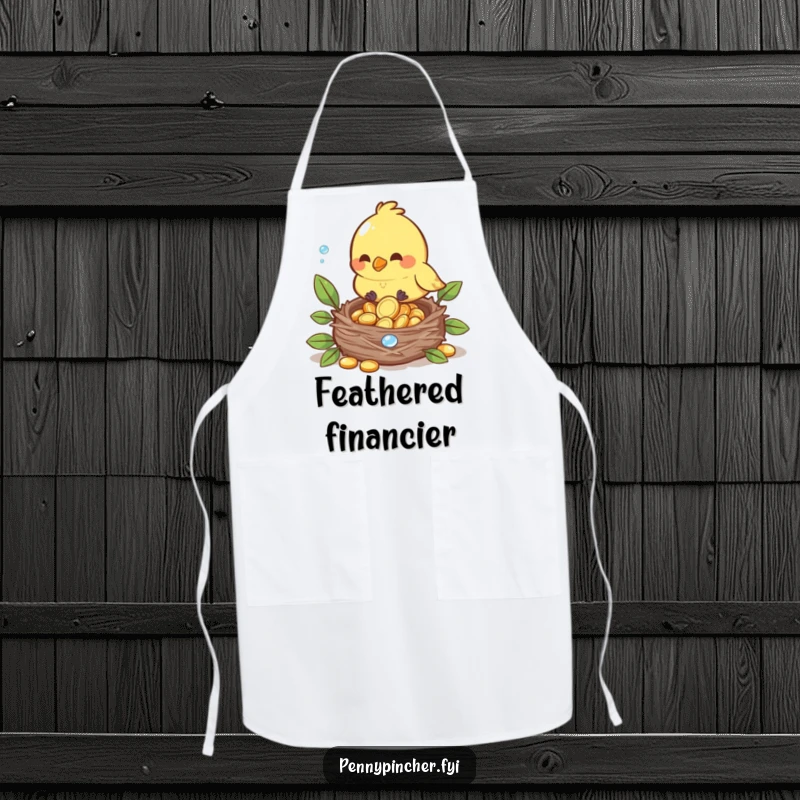 Funny kitchen apron with a bird carefully placing dewdrop coins into its nest, charming cooking accessory.
