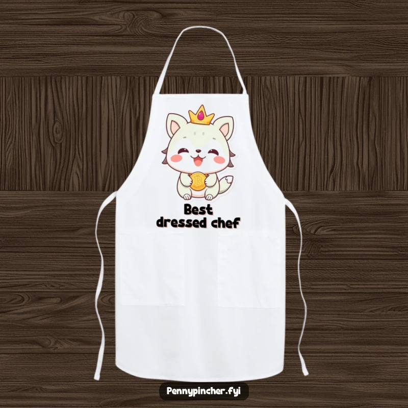 Funny beaming animal character wearing a coin as jewelry on a chef's apron, perfect for stylish kitchen fun.
