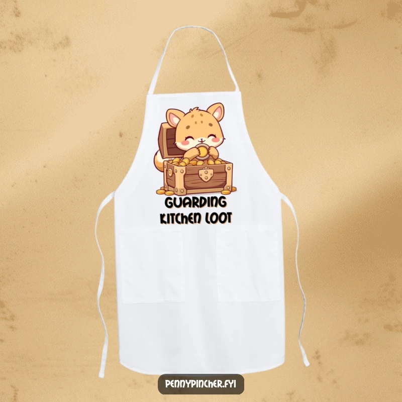 Funny animal character apron featuring a creature carefully locking a treasure chest full of coins, designed for humorous kitchen wear.