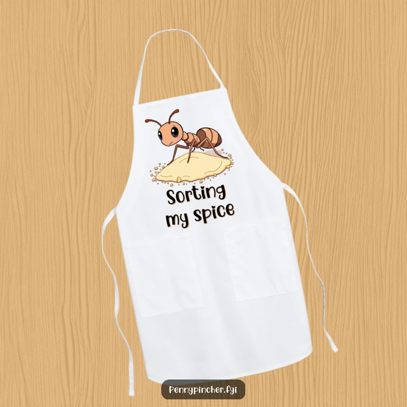 Funny apron showing a diligent ant meticulously sorting grains of sand by size, perfect for a focused cook.
