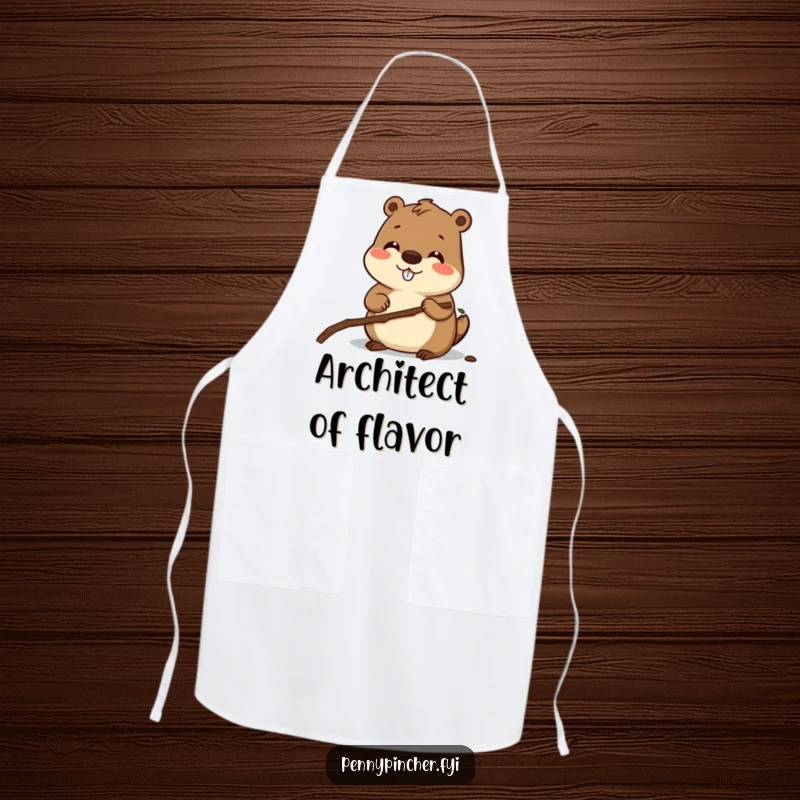 Funny apron depicting a smiling beaver character carefully measuring a twig, ready for any building or crafting task with precision.