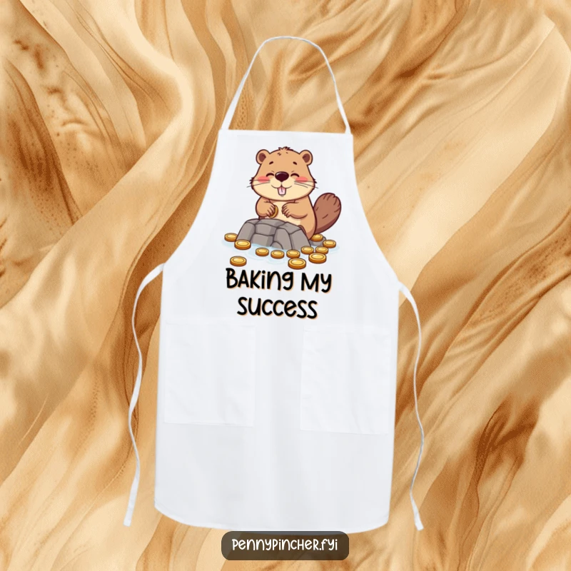 Funny apron featuring a hopeful beaver character building a dam of coins, ready for kitchen construction.