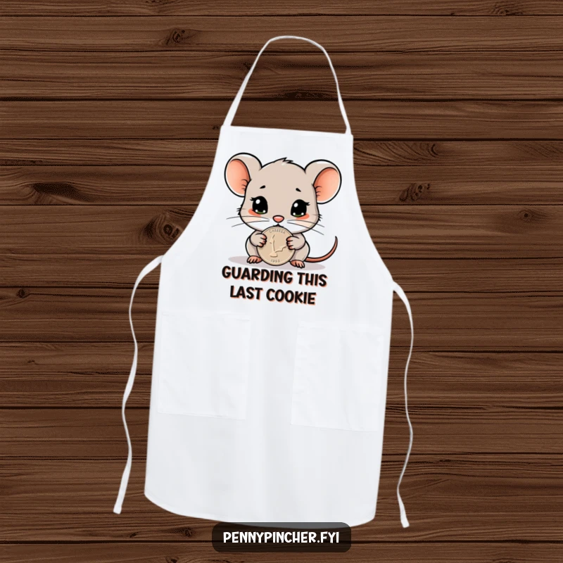 Funny apron design of a cautious mouse character guarding a single, gleaming penny, perfect for kitchen fun and protecting clothes with humor.