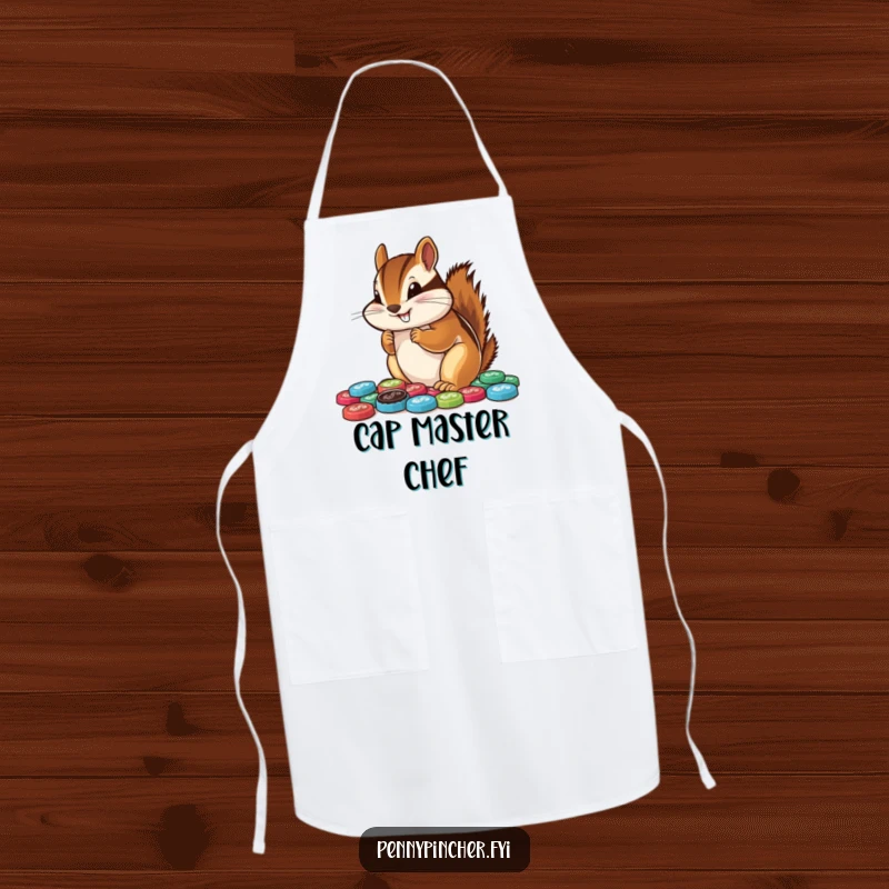 Funny chipmunk apron, diligently arranging bottle caps like culinary ingredients with a chef's precision, bringing humor to cooking.