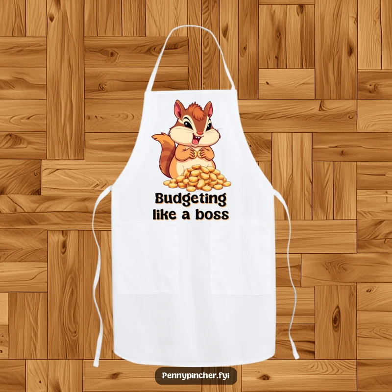Funny determined chipmunk character apron, hoarding coins, perfect for kitchen fun and ambitious cooks.