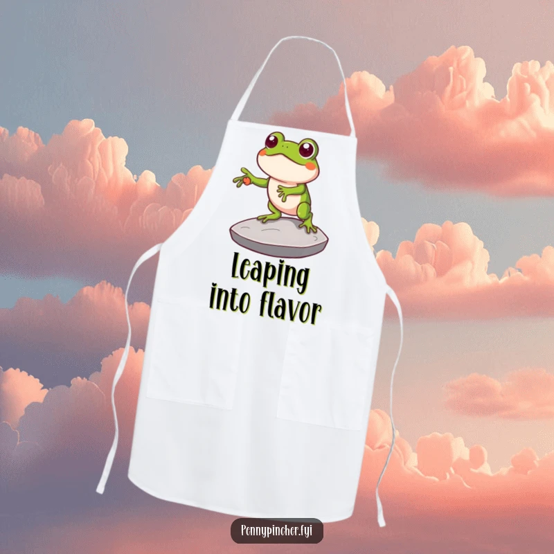 Funny apron featuring a clever frog character using a large coin as a stepping stone, perfect for kitchen use with a humorous and resourceful theme.