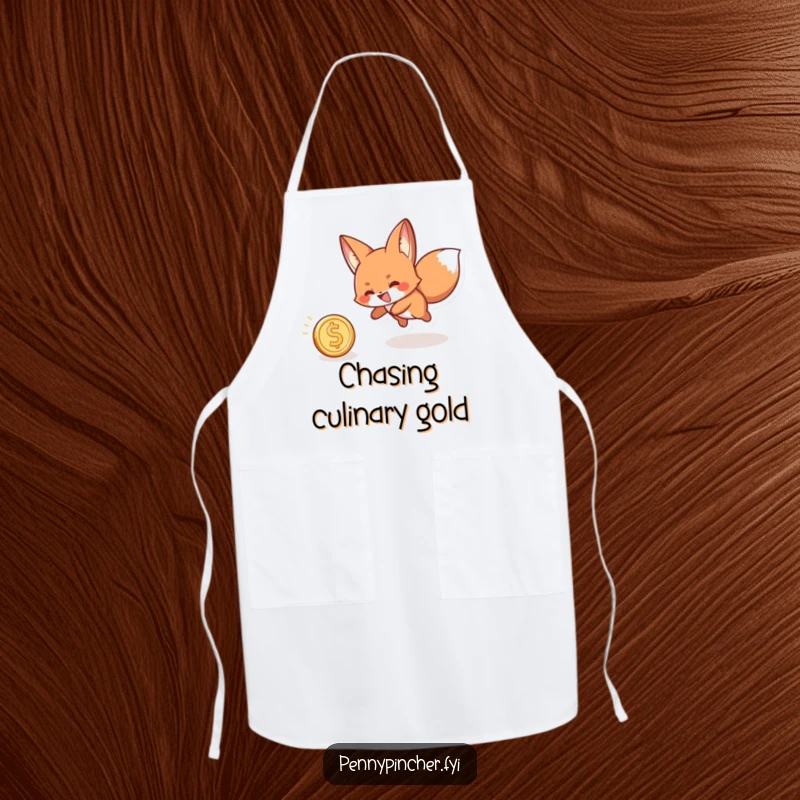 Funny apron showing a playful fox with a grin, chasing a rolling coin, keeping you clean and amused.