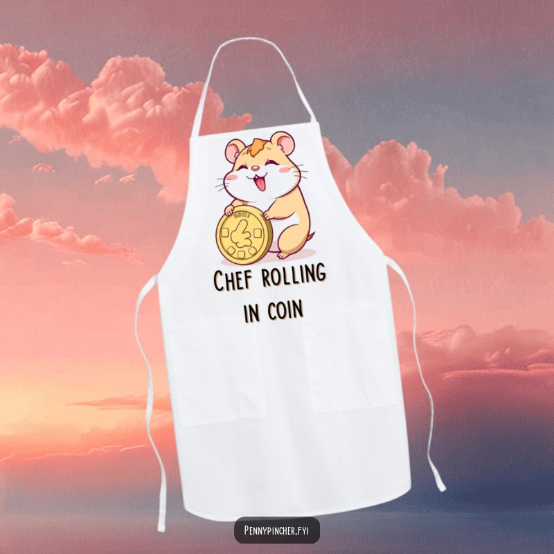 Funny apron showing a smiling hamster happily rolling a giant coin, keeping you clean and bringing good luck.