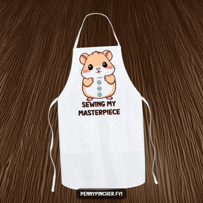 Funny apron depicting a hamster character meticulously organizing shiny buttons, perfect for a humorous cook.