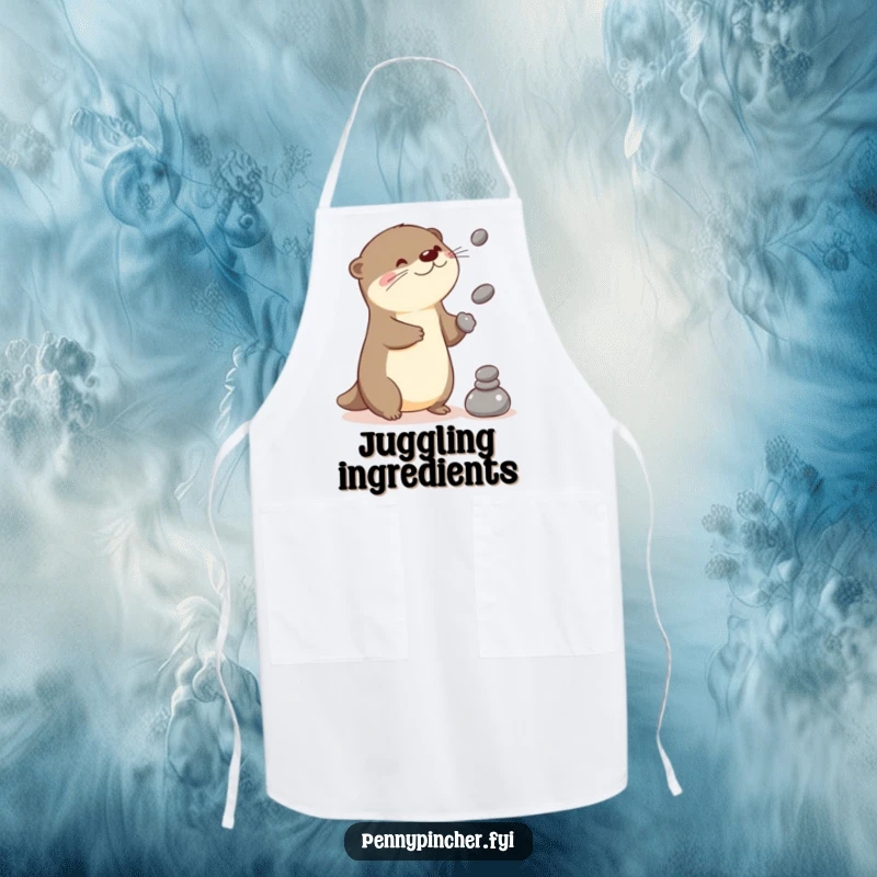 Funny otter apron with a playful Kawaii character juggling stones, ideal for a cheerful cook.