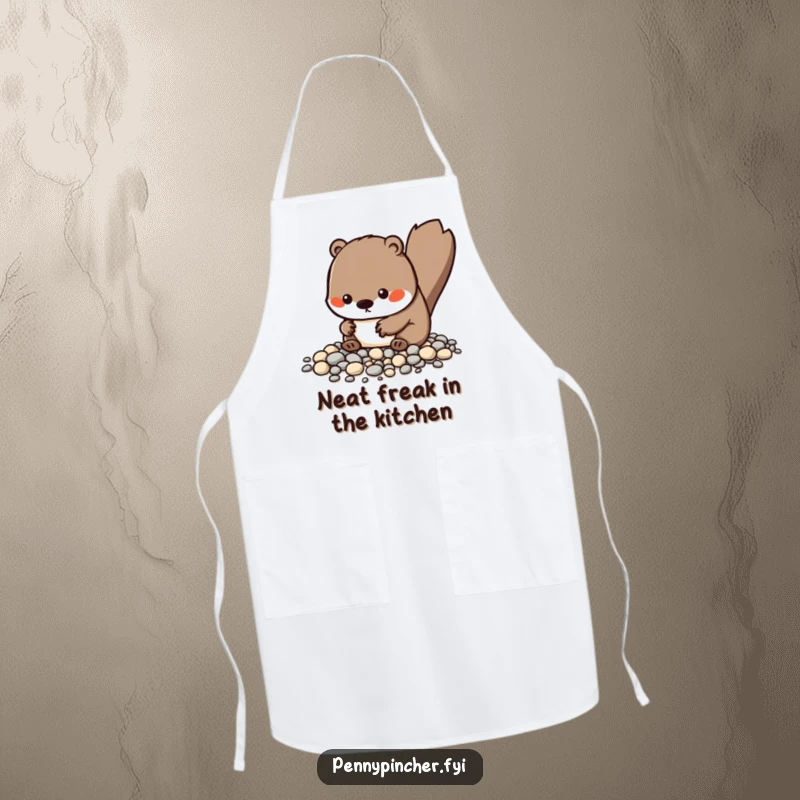Funny Kawaii beaver apron showing a character meticulously organizing tiny pebbles, great for humorous kitchen protection during cooking.