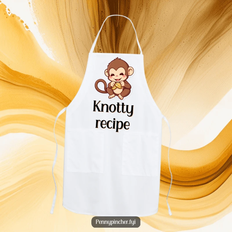 Funny Apron showcasing a monkey character attempting to tie a knot in a coin, adding humor to culinary tasks.