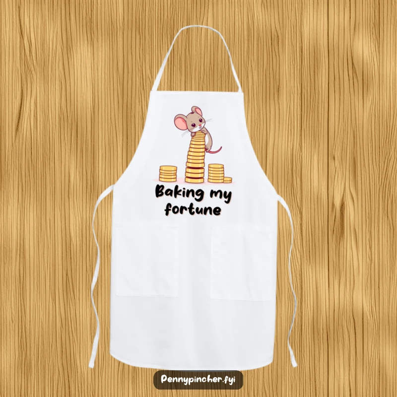Funny Apron showcasing an ambitious mouse stacking coins into a teetering tower while cooking.