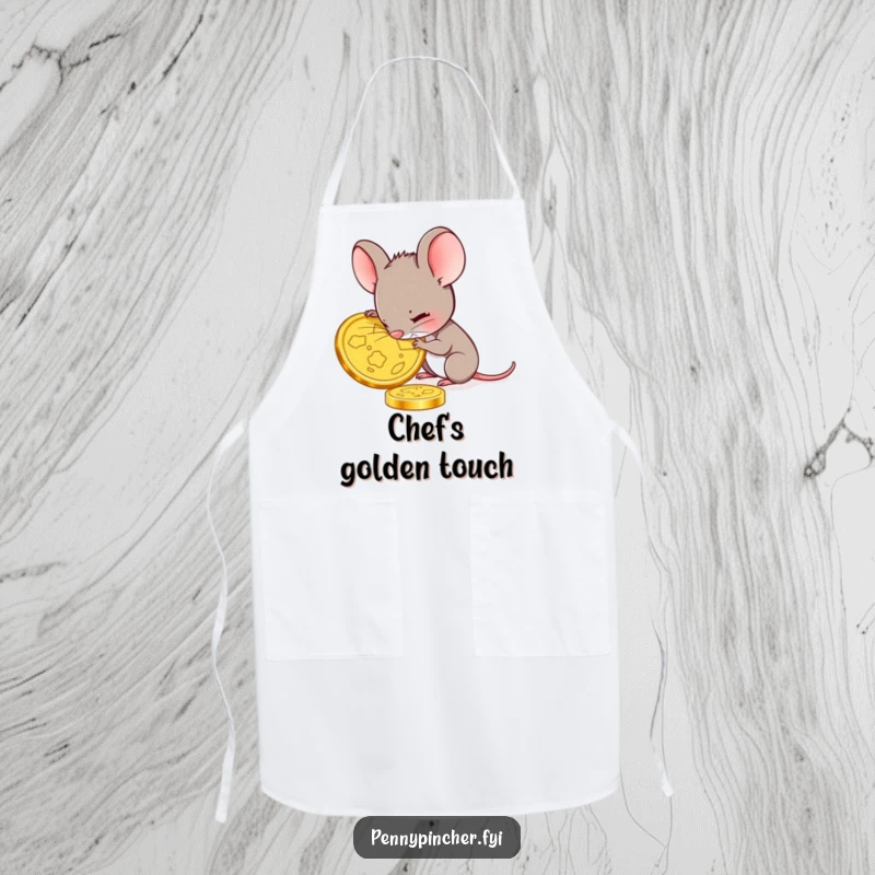 Funny mouse apron with a small mouse carefully inspecting a large gold coin, adding a humorous and detailed touch to kitchen activities.