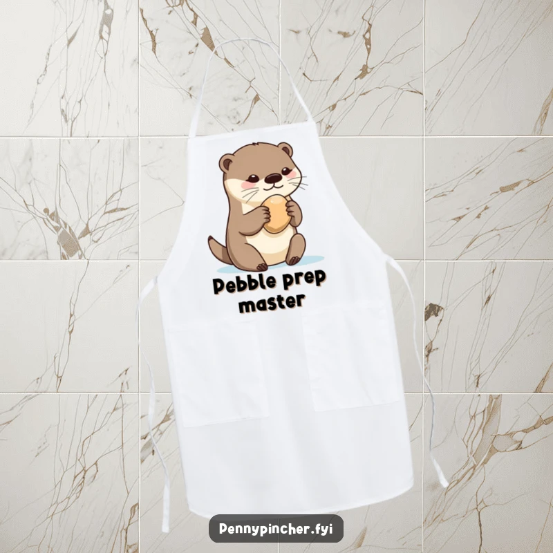 Funny otter chef apron, playfully guarding a single, perfect pebble while cooking, bringing humorous possessiveness to the kitchen.