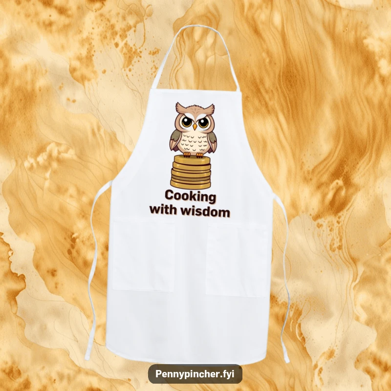 Funny apron showing a watchful owl perched on a stack of antique coins, keeping you clean and imparting wisdom.