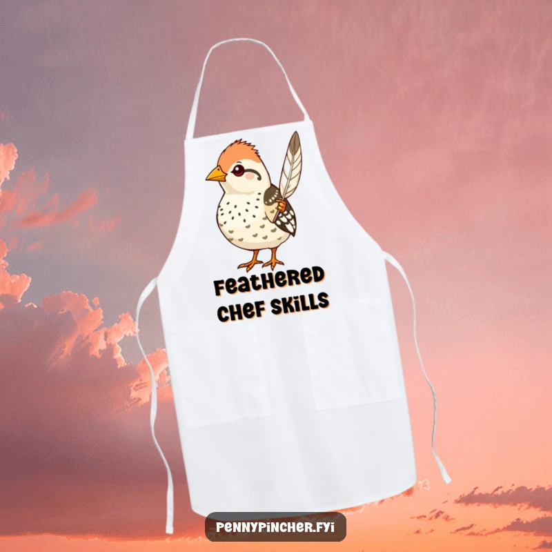 Funny quail apron, a proud character showing off a single perfect feather, elegant and humorous kitchen wear.