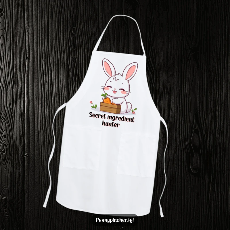 Funny apron depicting a giggling rabbit character hiding a carrot in a tiny treasure chest, perfect for culinary adventures with a secret.