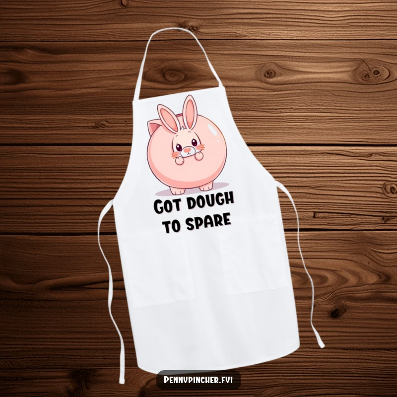 Funny shy rabbit peeking from behind a giant piggy bank, a humorous apron for kitchen duties.