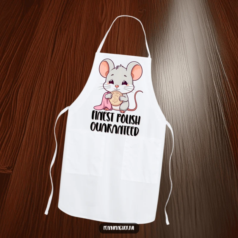 Funny smug mouse character apron, polishing a cent, perfect for kitchen fun and witty chefs.