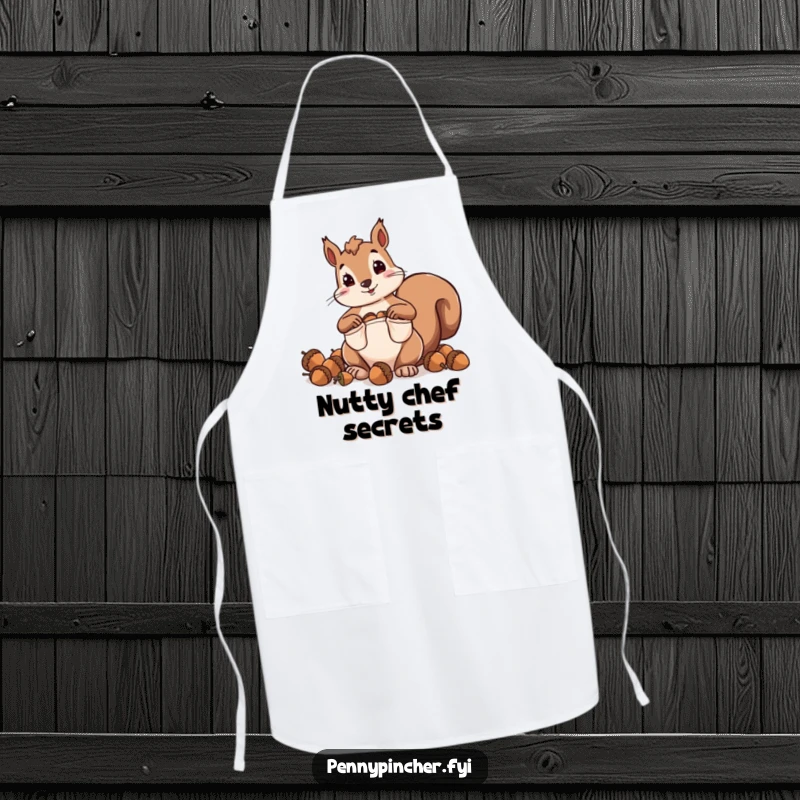 Funny apron showing a squirrel character hoarding acorns with comically oversized pockets, ready for kitchen tasks.