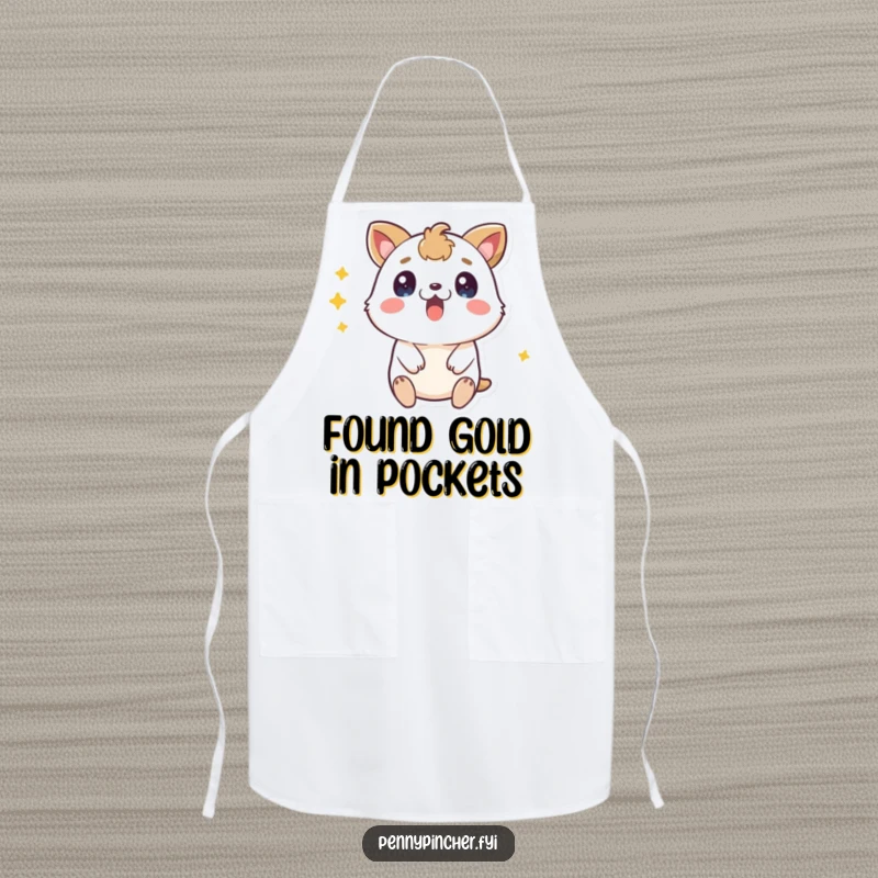 Funny surprised animal apron, exclaiming in shock over a found coin while cooking, a humorous kitchen accessory.