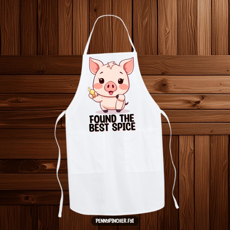 Funny piglet apron with a happy Kawaii character showing a shiny object, ideal for a cheerful cook.