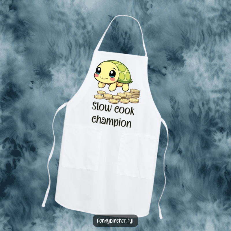 Funny Apron showcasing a turtle character slowly making progress towards a pile of pennies, adding humor to cooking.