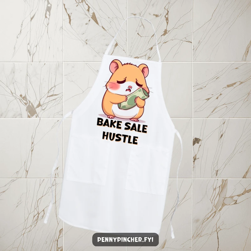 Funny worried hamster character holding a tiny rolled-up bill, a humorous apron for kitchen warriors.