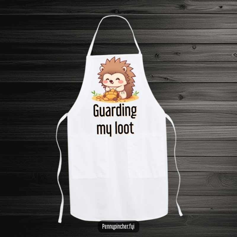 Funny Hedgehog Apron: A cheerful hedgehog character stands guard over a pile of kitchen goodies, full of pride. Great funny gift!