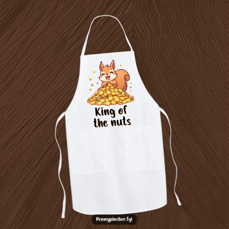 Funny squirrel apron with an ecstatic squirrel protectively overseeing a pile of shiny coins, adding a humorous and ambitious touch to cooking.