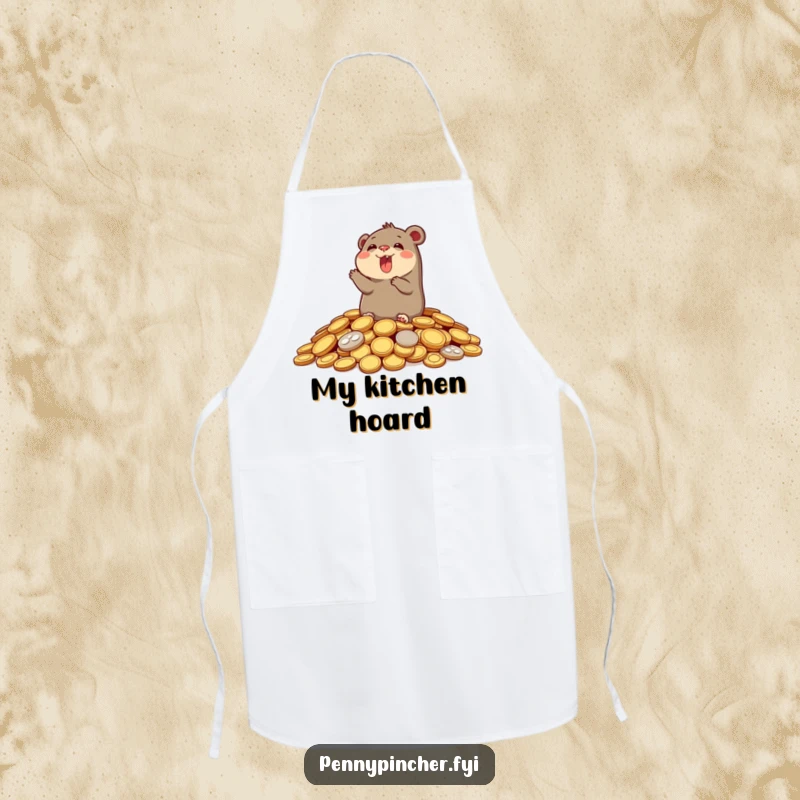 Funny apron featuring a joyful mole popping out of a pile of shiny gold coins, perfect for a humorous kitchen.
