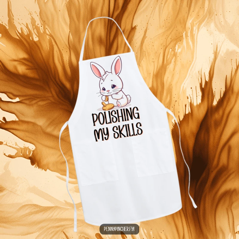 Funny apron featuring a determined rabbit character meticulously polishing a single shiny penny, perfect for kitchen use with a humorous and driven theme.