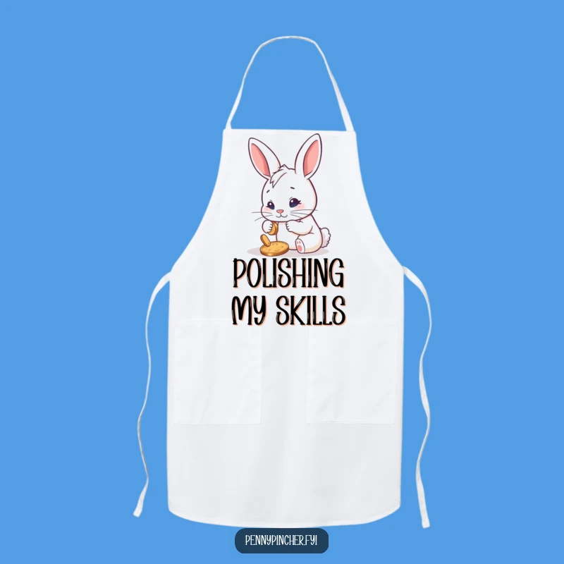 Funny Determined Rabbit Polishing Penny Apron: Shine in the Kitchen with Humor
