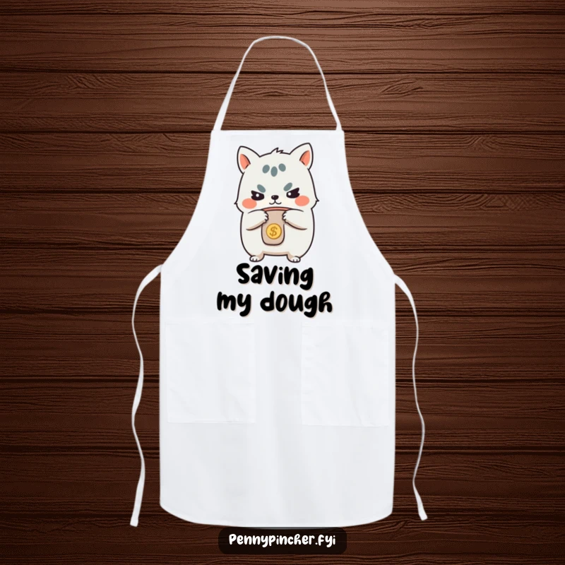 Funny apron, determined animal character guarding its coin purse while cooking, combining kitchen practicality with humorous financial themes.
