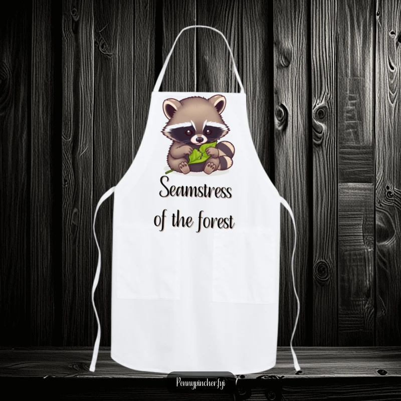 Funny apron showing a clever raccoon meticulously mending a tiny torn leaf while preparing food, perfect for cooking.