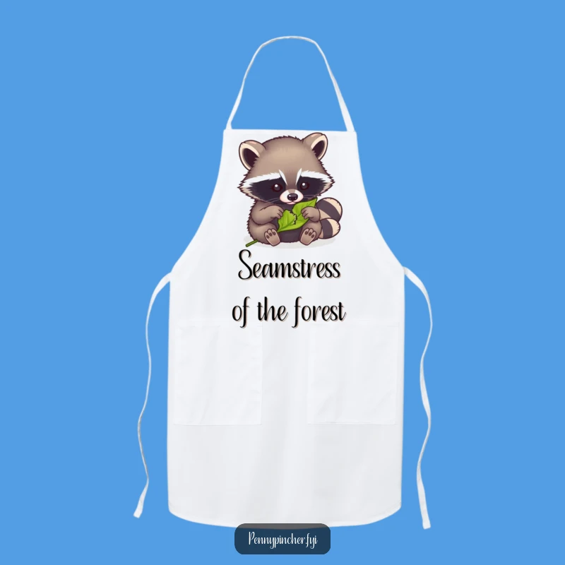 Funny Raccoon Mending Apron: Cute raccoon fixing a leaf while cooking, a funny gift.