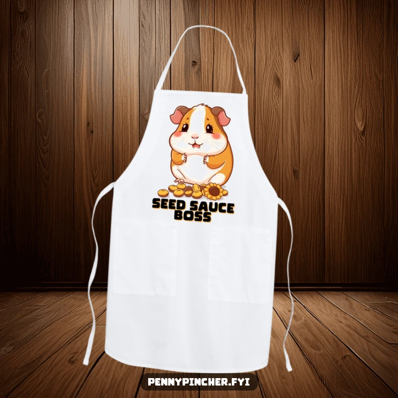 Funny guinea pig apron, a contented character arranging sunflower seeds, neat and humorous kitchen wear.