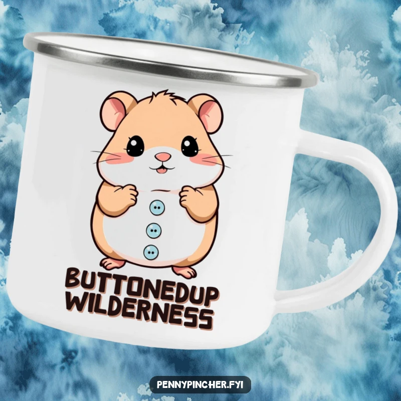 Funny camping mug with a hamster character meticulously organizing shiny buttons, rugged and humorous.